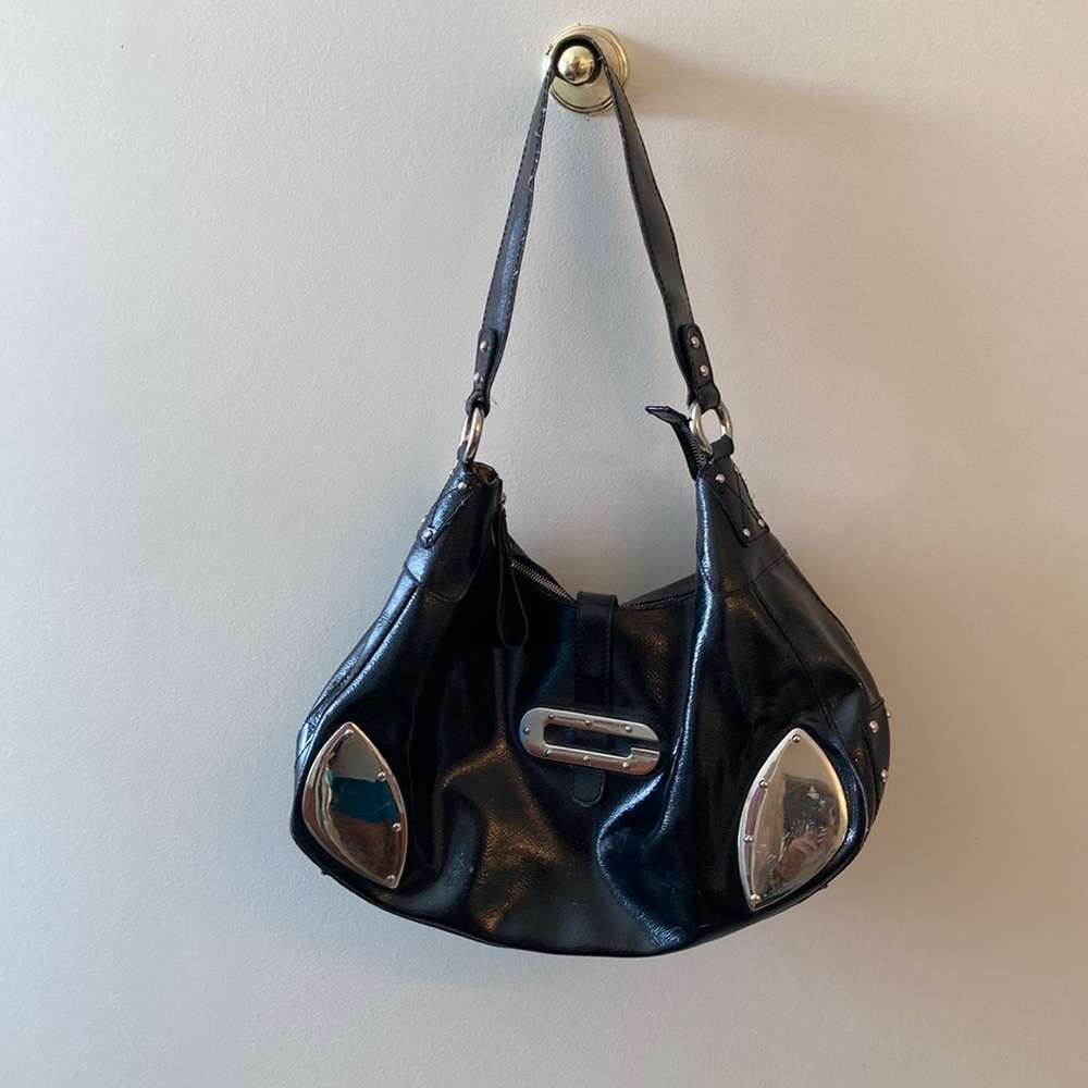 Vintage Guess 90s black large synthetic leather hobo bag with silver hardware